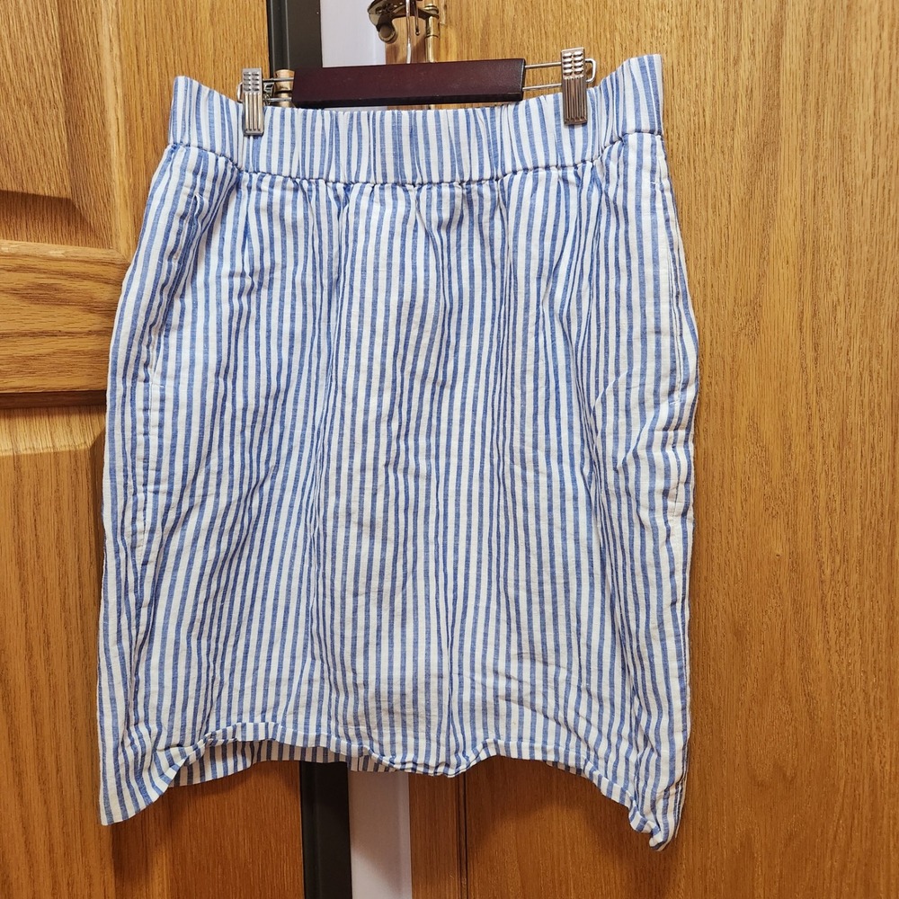 J.Crew Women Blue White Striped Linen Cotton Mini Skirt Size L Elastic Waist